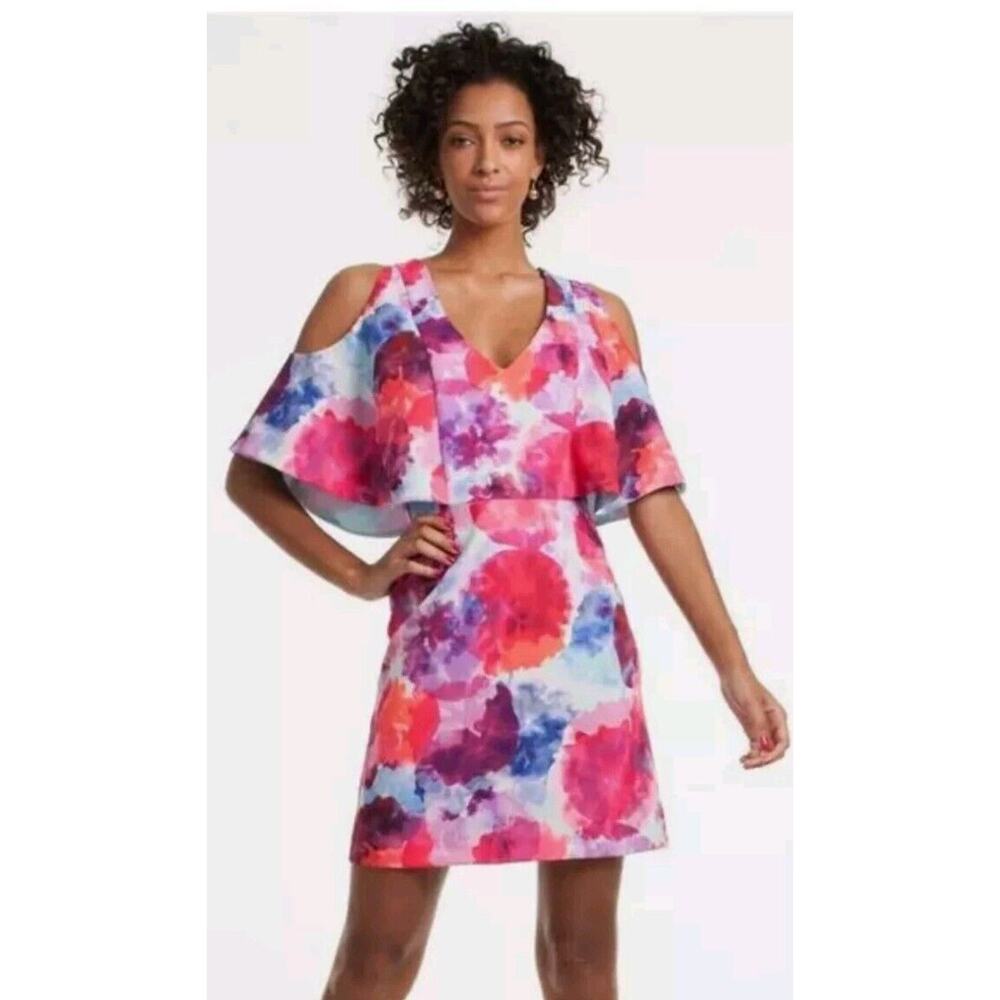 NWT‎ Trina Turk Floral Watercolor Sheath Dress Cape Sleeve Cold Shoulder Sz 2